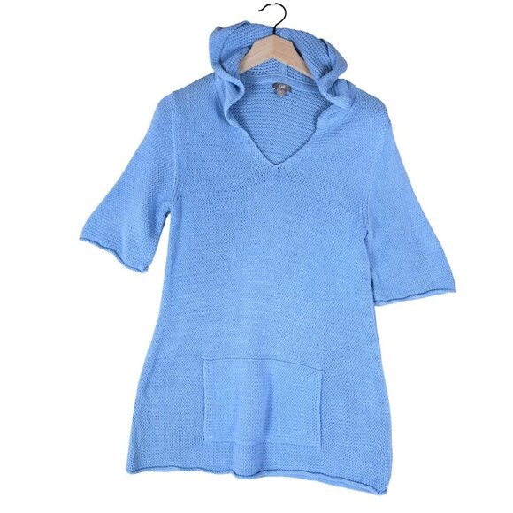 J. Jill Sky Blue Knit Hoodie Tunic Top M Coastal Layering Minimalist V-Neck - Picture 2 of 8